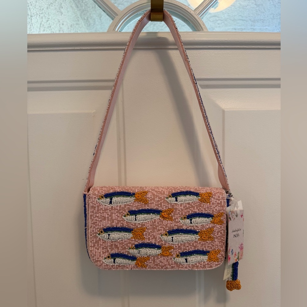 Pink Sardine Fish Beaded Shoulder Bag Handcrafted in India w Charm NWT